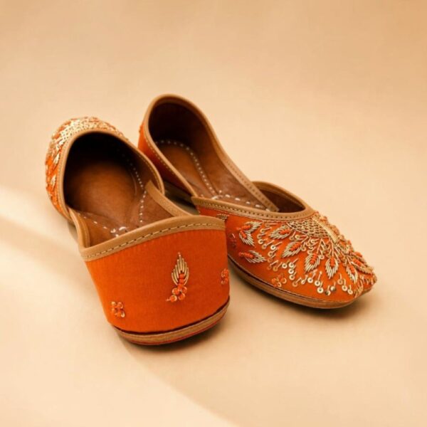 Rust Orange Leather Juttis with Traditional Gold Embroidery & Sequin Work