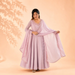 New Party Wear Fox Georgette Anarkali Gown with Dupatta and Crepe Pant