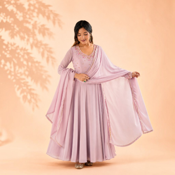 New Party Wear Fox Georgette Anarkali Gown with Dupatta and Crepe Pant