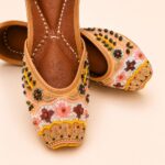 Peach Leather Juttis with Floral Embroidery, Sequin & Beadwork
