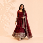 Wine Maroon Fandy Satin Anarkali Gown with Zari, Sequin & Embroidery Work