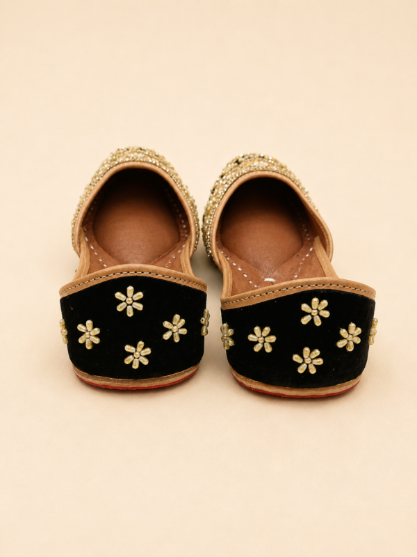 Black Leather Juttis with Gold Floral Embroidery, Pearl and Sequin Work