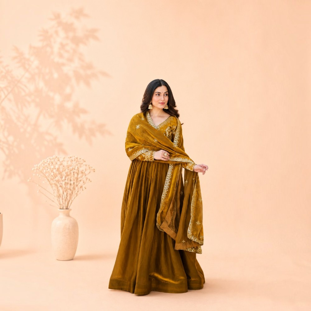 Mehendi Green Fendy Gown with Zari & Sequin Embroidery and Matching Dupatta