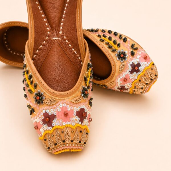 Peach Leather Juttis with Floral Embroidery, Sequin & Beadwork