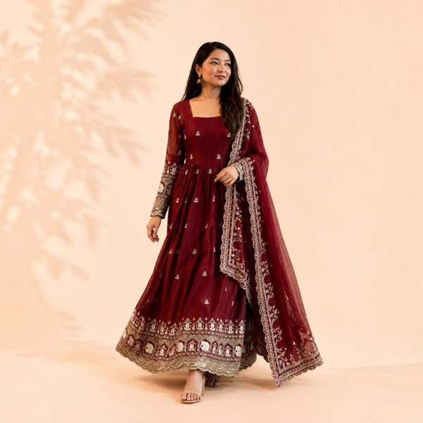 Wine Maroon Fandy Satin Anarkali Gown with Zari, Sequin & Embroidery Work
