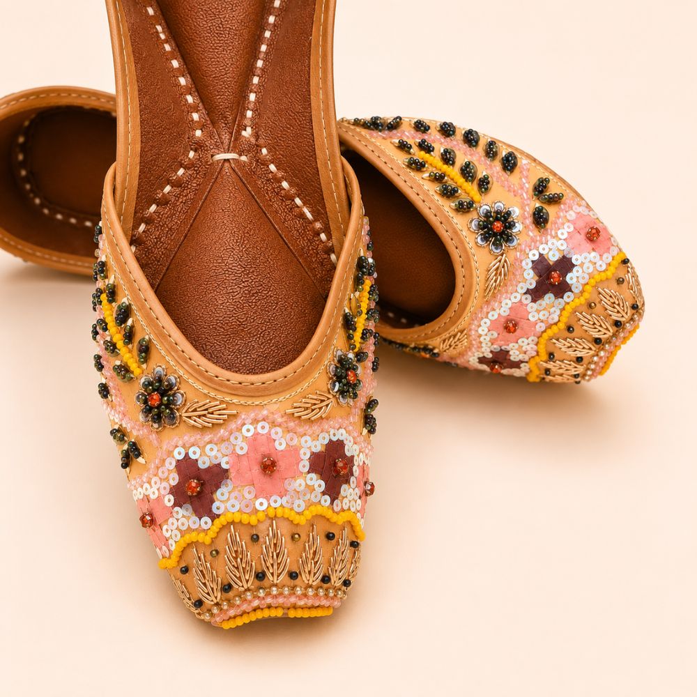 Peach Leather Juttis with Floral Embroidery, Sequin & Beadwork