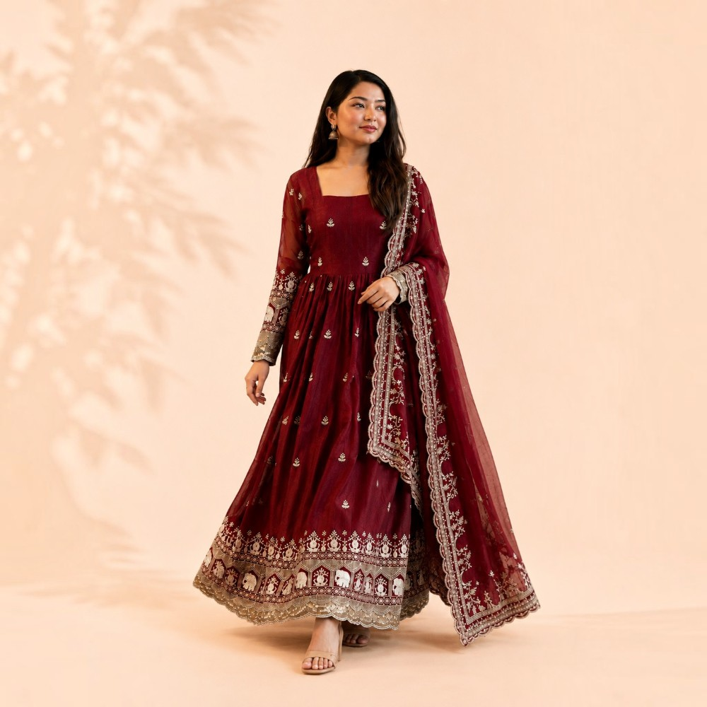 Wine Maroon Fandy Satin Anarkali Gown with Zari, Sequin & Embroidery Work