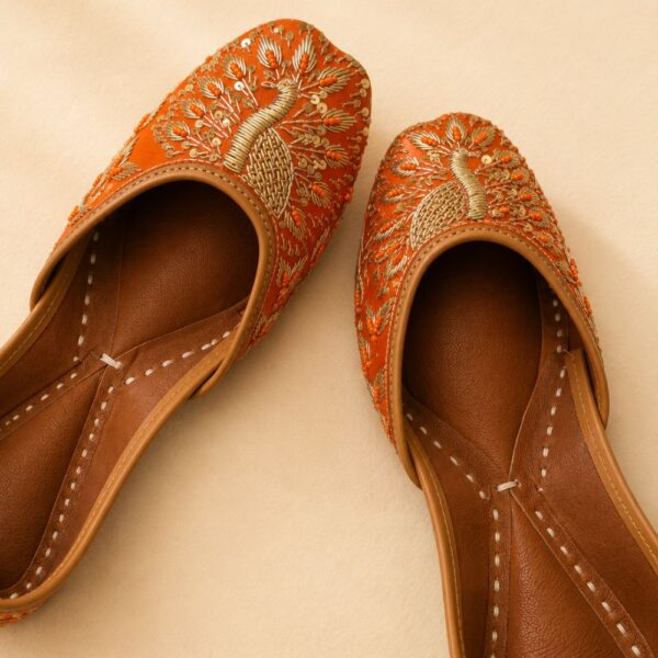 Rust Orange Leather Juttis with Traditional Gold Embroidery & Sequin Work