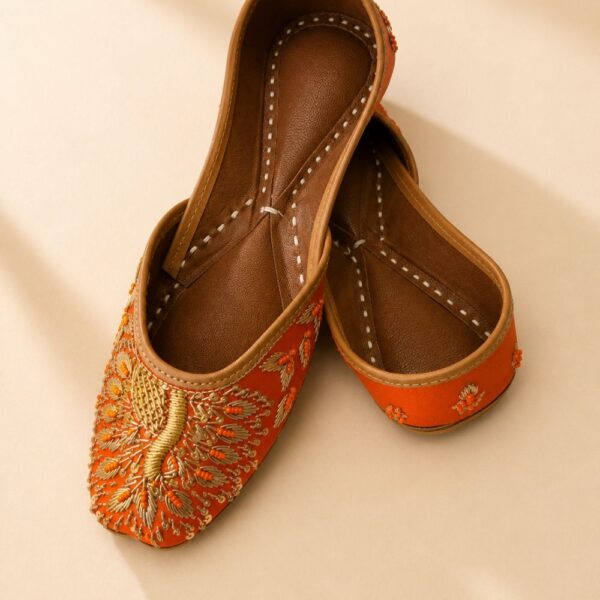 Rust Orange Leather Juttis with Traditional Gold Embroidery & Sequin Work