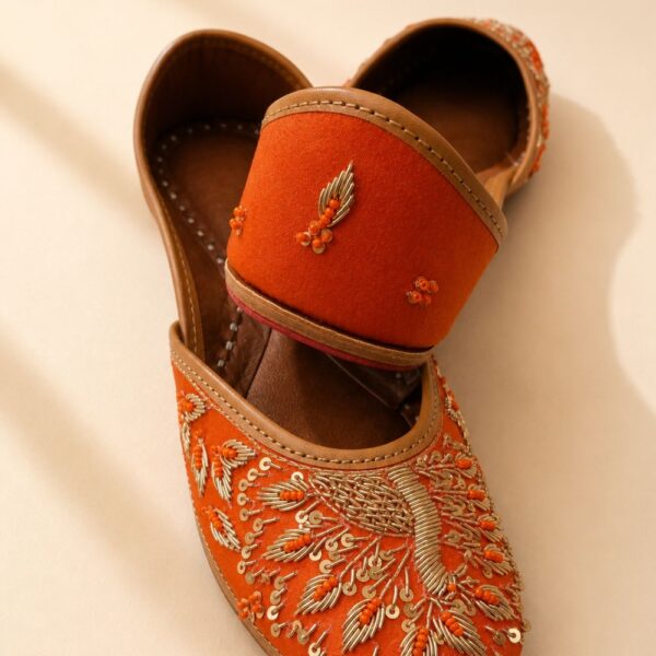 Rust Orange Leather Juttis with Traditional Gold Embroidery & Sequin Work