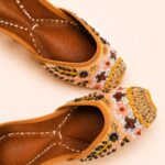 Peach Leather Juttis with Floral Embroidery, Sequin & Beadwork