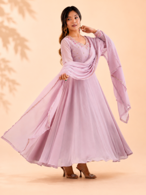 New Party Wear Fox Georgette Anarkali Gown with Dupatta and Crepe Pant