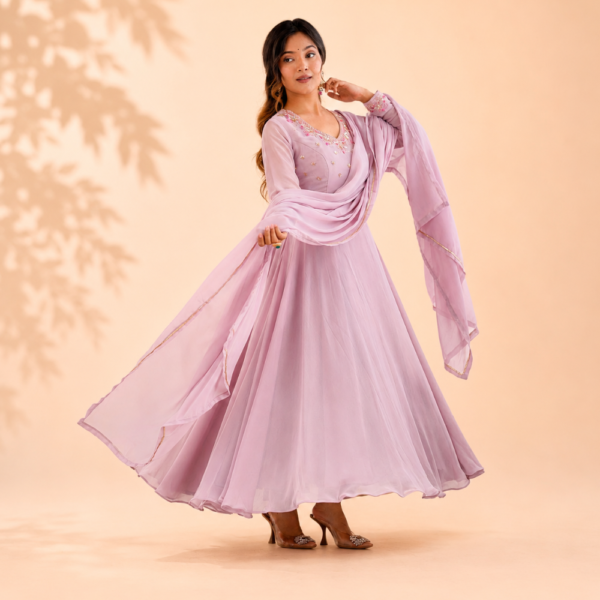 New Party Wear Fox Georgette Anarkali Gown with Dupatta and Crepe Pant