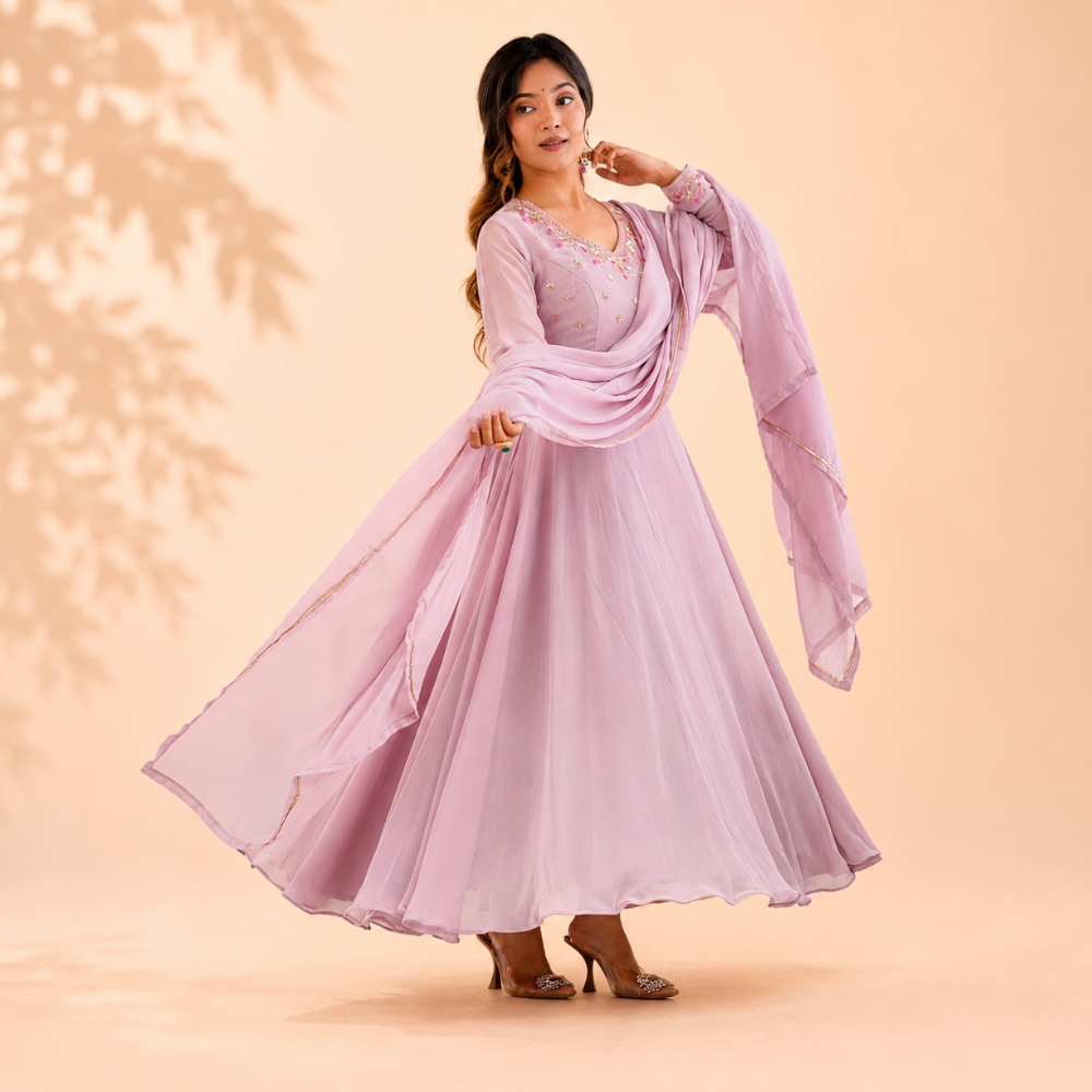 New Party Wear Fox Georgette Anarkali Gown with Dupatta and Crepe Pant