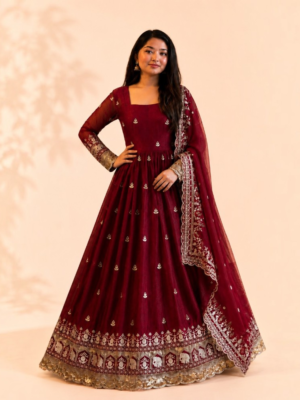 Wine Maroon Fandy Satin Anarkali Gown with Zari, Sequin & Embroidery Work