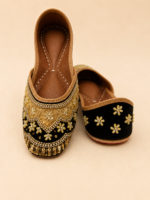 Black Leather Juttis with Gold Floral Embroidery, Pearl and Sequin Work