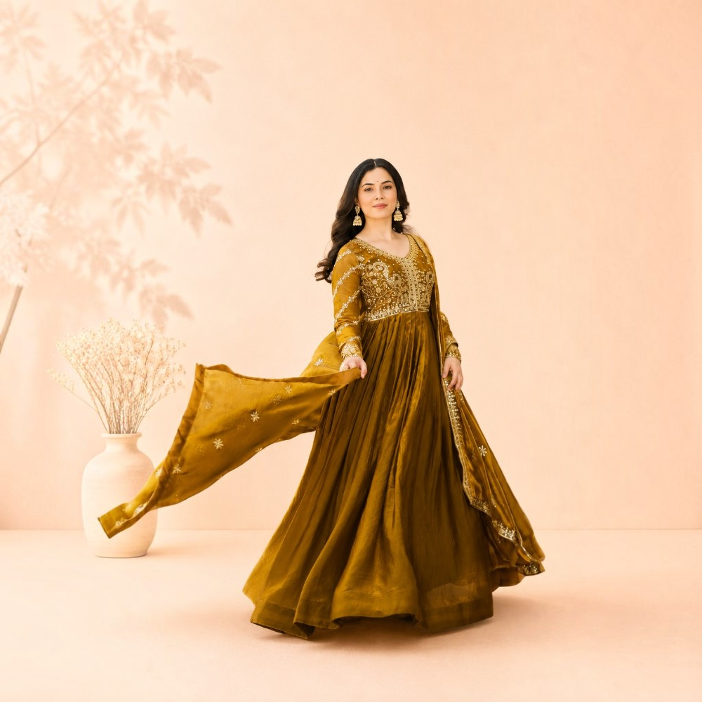 Mehendi Green Fendy Gown with Zari & Sequin Embroidery and Matching Dupatta
