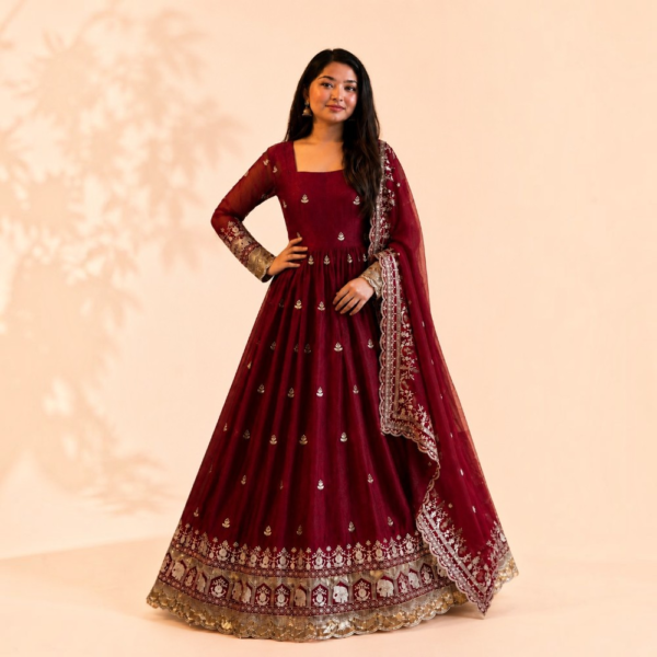 Wine Maroon Fandy Satin Anarkali Gown with Zari, Sequin & Embroidery Work
