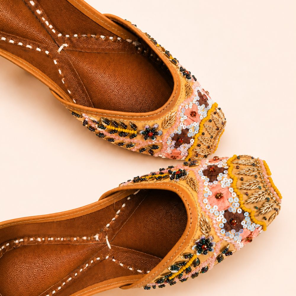 Peach Leather Juttis with Floral Embroidery, Sequin & Beadwork