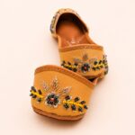 Peach Leather Juttis with Floral Embroidery, Sequin & Beadwork
