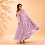 New Party Wear Fox Georgette Anarkali Gown with Dupatta and Crepe Pant