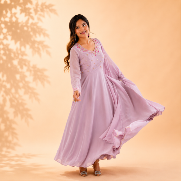New Party Wear Fox Georgette Anarkali Gown with Dupatta and Crepe Pant