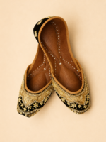Black Leather Juttis with Gold Floral Embroidery, Pearl and Sequin Work