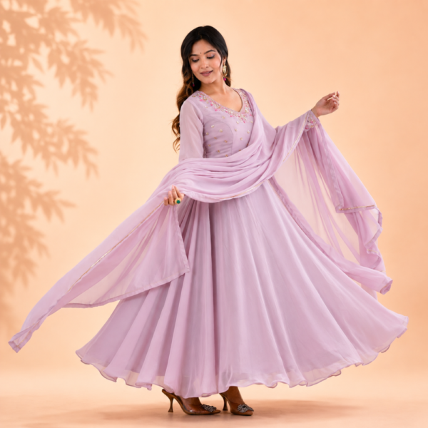 New Party Wear Fox Georgette Anarkali Gown with Dupatta and Crepe Pant