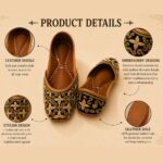 Black Leather Juttis with Antique Gold Floral Embroidery & Beaded Paisley Work