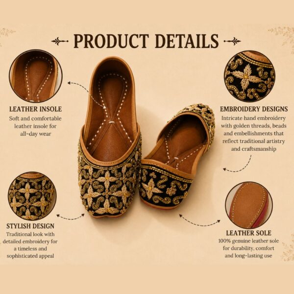 Black Leather Juttis with Antique Gold Floral Embroidery & Beaded Paisley Work