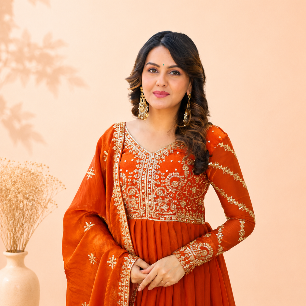 Orange Fendy Gown with Intricate Zari & Sequin Embroidery and Matching Dupatta