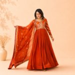 Orange Fendy Gown with Intricate Zari & Sequin Embroidery and Matching Dupatta