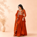 Orange Fendy Gown with Intricate Zari & Sequin Embroidery and Matching Dupatta