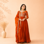 Orange Fendy Gown with Intricate Zari & Sequin Embroidery and Matching Dupatta