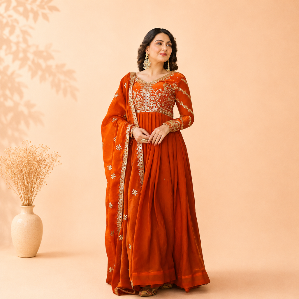 Orange Fendy Gown with Intricate Zari & Sequin Embroidery and Matching Dupatta