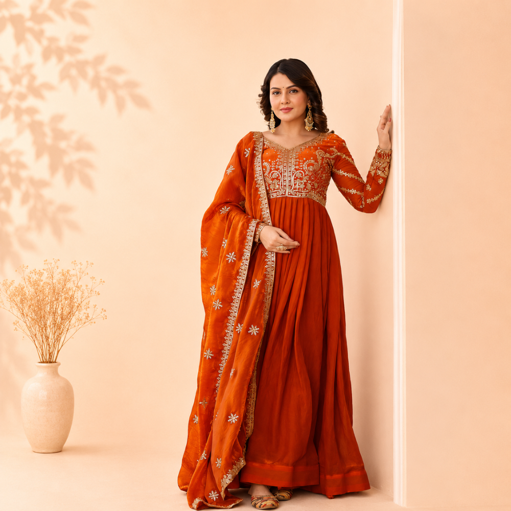 Orange Fendy Gown with Intricate Zari & Sequin Embroidery and Matching Dupatta