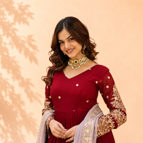 Wine Red Faux Blooming Gown with Zari Sequin Embroidery & Lavender Georgette Dupatta