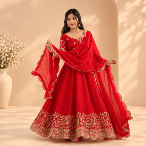 Red Fendy Silk Gown with Embroidery Coding, Sequin Work & Matching Dupatta