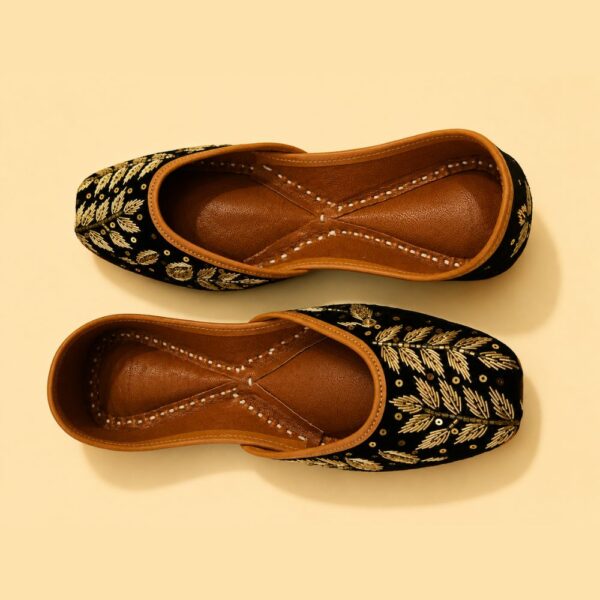 Black Leather Juttis with Golden Botanical Beadwork and Handcrafted Embellishment