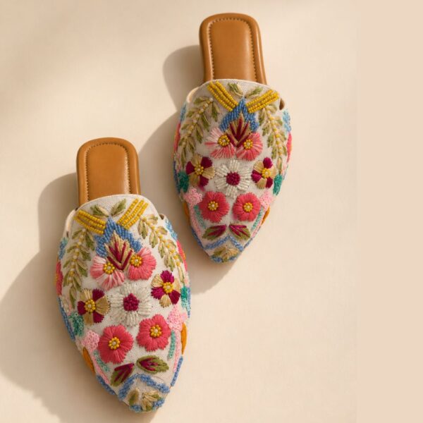 Ivory Embroidered Heeled Sandals with Multicolor Floral Beadwork & Sequin Detailing