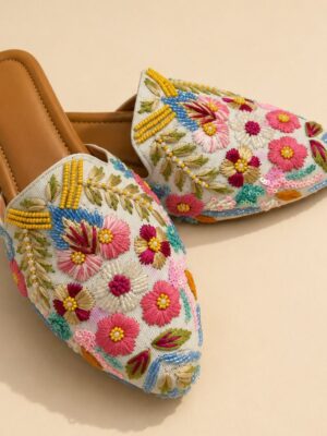 Ivory Embroidered Heeled Sandals with Multicolor Floral Beadwork & Sequin Detailing