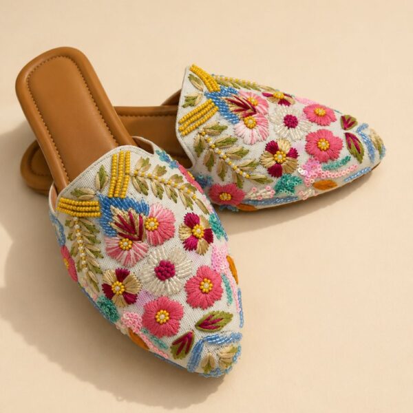 Ivory Embroidered Heeled Sandals with Multicolor Floral Beadwork & Sequin Detailing