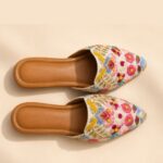 Ivory Embroidered Heeled Sandals with Multicolor Floral Beadwork & Sequin Detailing