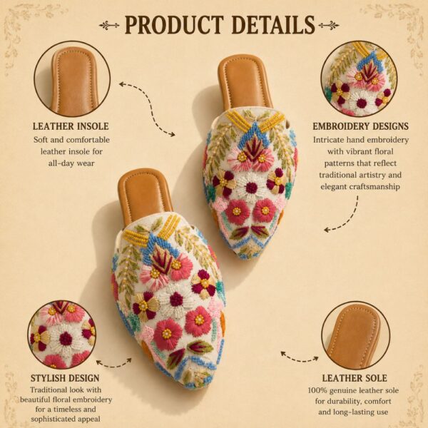 Ivory Embroidered Heeled Sandals with Multicolor Floral Beadwork & Sequin Detailing