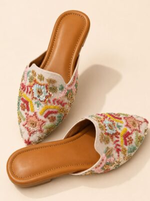 Ivory Embroidered Sandals with Multicolor Beadwork, Sequin Floral Motifs & 1.5 Inch Heels