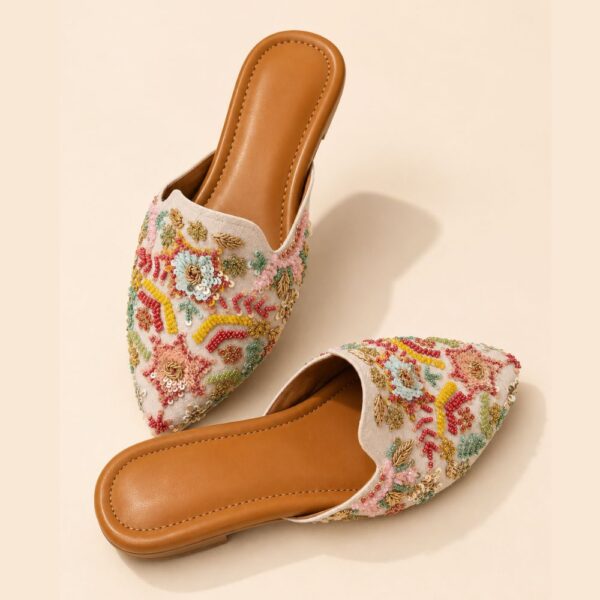 Ivory Embroidered Sandals with Multicolor Beadwork, Sequin Floral Motifs & 1.5 Inch Heels
