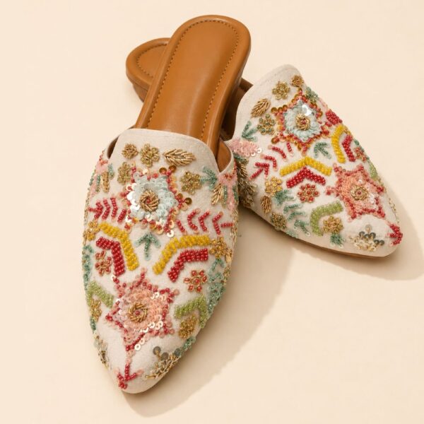 Ivory Embroidered Sandals with Multicolor Beadwork, Sequin Floral Motifs & 1.5 Inch Heels
