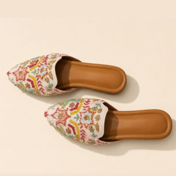 Ivory Embroidered Sandals with Multicolor Beadwork, Sequin Floral Motifs & 1.5 Inch Heels
