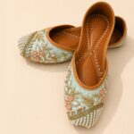 Sky Blue Leather Juttis with Pearl Beadwork, Gold Embroidery & Floral Sequin Detailing