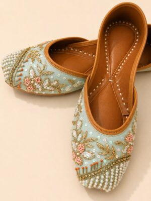 Sky Blue Leather Juttis with Pearl Beadwork, Gold Embroidery & Floral Sequin Detailing